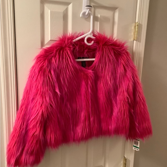 INC Hot Pink Faux Fur Rave Punk Glam Crop Bolero Jacket Size Large - Picture 14 of 15